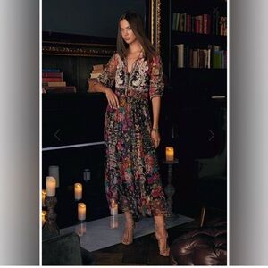 Johnny Was Biya Mazzy Mesh Embroidered Maxi Shirt Dress Floral Black SzXL